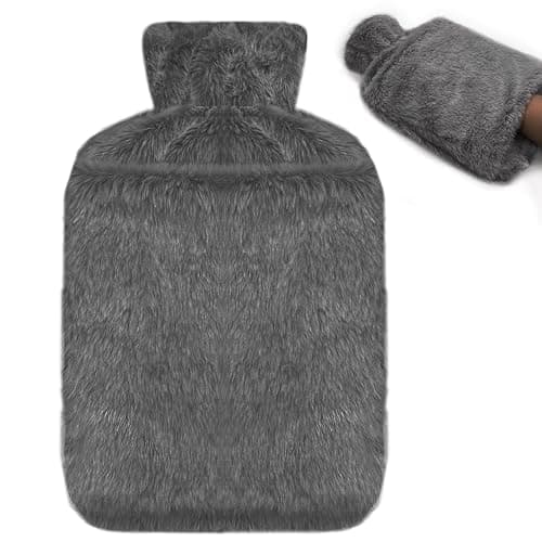Jsdoin Hot Water Bottle with Luxury Cosy Faux Fur Cover UK, 2L Leakproof Hot Water Bag for Neck, Shoulder Pain and Hand Feet Warmer (Darkgrey) - Image 1