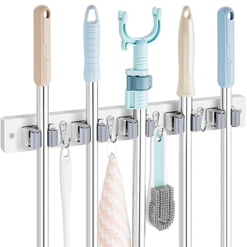 OUTNILI Mop and Broom Holder Wall Mount - White Broom Mop Hanger - Wall Mounted Garden Tool Rack Organizer for Closet Garage Laundry Room Kitchen Decor With 5 Slots & 4 Hooks - Image 1