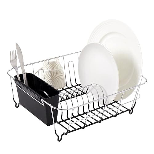 Sweet Home Collection 2 Piece Dish Drying Rack Set Drainer with Utensil Holder Simple Easy to Use Fits in Most Sinks, 14.5" x 13" x 5.25", Black - Image 1