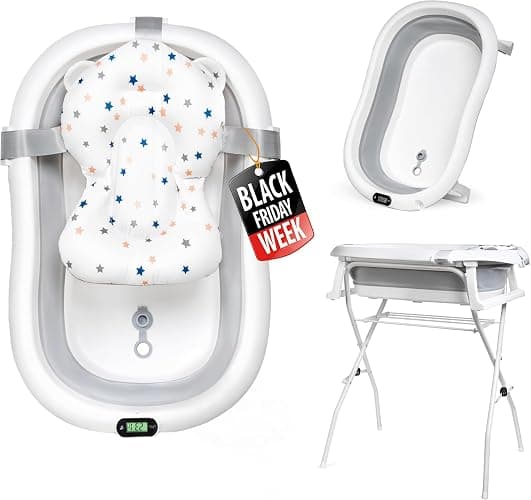 moovkee. Babybadewanne mit Gestell 80cm - Baby Badewanne Faltbar mit Thermometer und Badekissen - Babywanne mit Ständer Sicher für Ihr Baby - Babybadewanne Neugeborene - Image 1