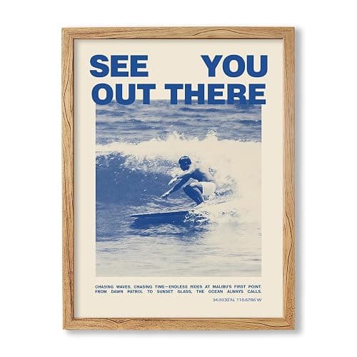 Blue Vintage Surfing Poster 12X16 Inch Wood Framed Malibu First Point Surf Wall Art Coastal Minimalist Print for Surfer Home Office Living Room Wall Decor - Image 1