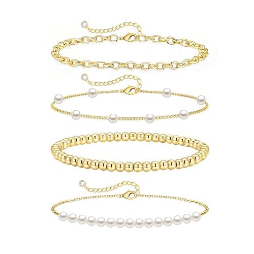 Zeffy Gold Pearl Beaded Bracelet for Women, 14K Gold Plated Jewelry Set With Paperclip Link Chain, Trendy Stack Bracelets - Image 1
