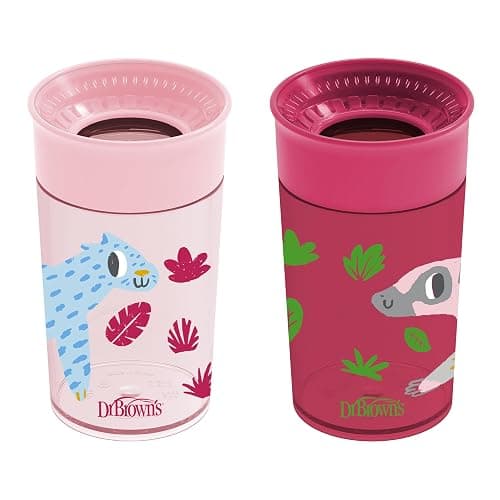 Dr. Brown's Milestones Cheers 360 Cup Spoutless Transition Cup, Travel Friendly & Leak-Free Sippy Cup, Pink Leopard – Red Lemur, 10 oz/300 mL, 2 count (1 pack) - 2-Pack Pink & Red Animals, 10 oz - 2 Count (Pack of 1) - Image 1
