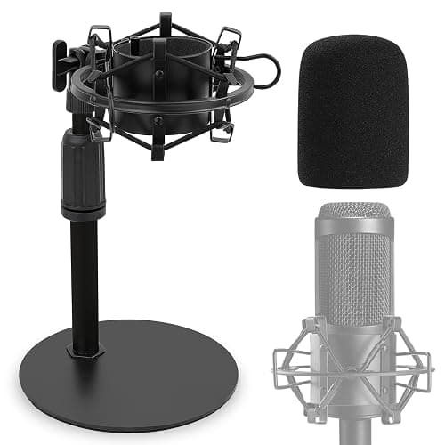 Upgraded AT2020 Desktop Mic Stand with Metal Weighted Base & Shock Mount and Foam Windscreen, Mic Stand for Audio Technica AT2020, AT2020USB+, AT2035 and Other 1.8–2" Condenser Mic – No Tipping - Image 1