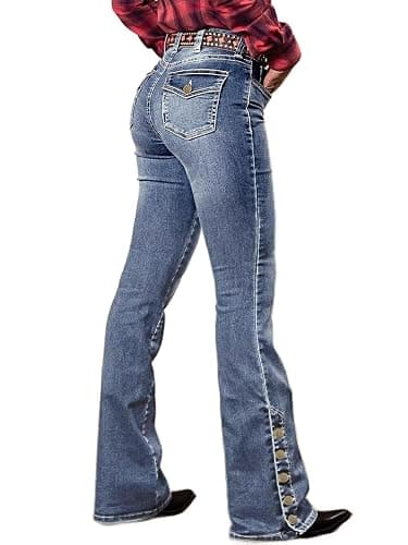 Flamingals Women's Buttoned Hem Bootcut Jeans Without Belt Mid Waist Casual Pants Navy Blue - Image 1