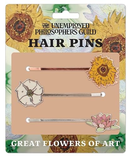 Great Flowers of Art 3 Hair Pins Set - van Gogh Sunflower, O'Keeffe White Flower, and Monet Water Lily - Image 1