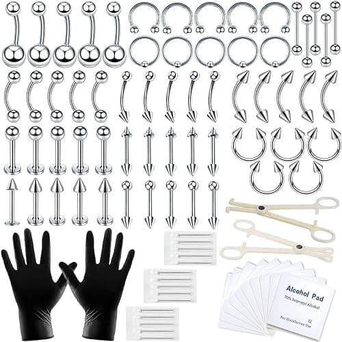 A-minusone 84 PCS Body Septum Piercing Kit 14G 16G Tools for Nose Tongue Lip Ear Eyebrow Belly Button Cartilage Tragus Industrial Barbell Helix Daith Piercing Jewelry Clamps - 84 Piece Set - Image 1