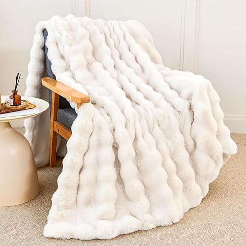Faux Rabbit Fur Throw Blanket for Couch, Fluffy Warm Plush Thick Bubble Blanket for Bed Sofa Living Room, Soft Cozy Furry Blanket Home Decor, 50x60 inches, Cream White - Image 1