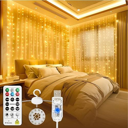 HXWEIYE 300LED Untangled Curtain Lights, 9.8x9.8Ft USB Fairy Twinkle String Lights with Remote and DIY Timer, 8 Modes Window Wall Hanging Light for Bedroom Dorm Backdrop Room Decor, Warm White - Image 1