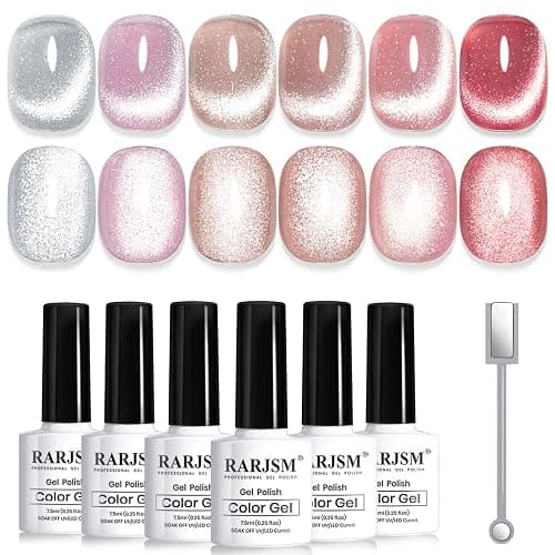 RARJSM Cat Eye Gel Nail Polish Set 6 Pcs Magnetic Sparkle Diamond Glitter Nude Pink Light Purple Red Silver Sheer Pink Velvet Ice Jelly Gel Polish with Magnet Stick UV LED Curing Requires Soak Off - Image 1