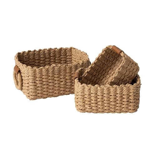 LA JOLIE MUSE Small Wicker Baskets for Organizing, Recycled Paper Rope Storage Basket Container Bins for Shelves Bathroom Cupboards Drawer, Decorative Square Basket Organizer Set of 3 - Image 1