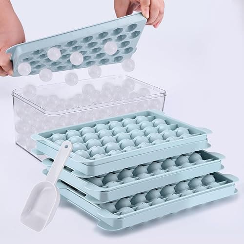 Ice Cube Tray, Ice Trays for Freezer, Ice Cube Tray with Lid Making 1in X 111 PCS Ice Ball Chilling Whiskey Cocktail & Coffee(3Pack Blue Round Ice Trays & Ice Cube Box & Scoop) - Image 1