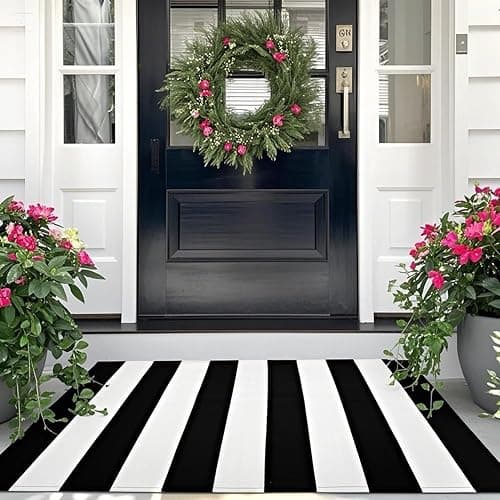 HEHJIPY Black and White Striped Outdoor Rug 27.5'' x 43'' Front Door Rug,Washable Cotton Woven Indoor/Outdoor Small Area Rugs,Layering Rug Door Mats for Front Porch/Entryway/Front Door Decor - Image 1