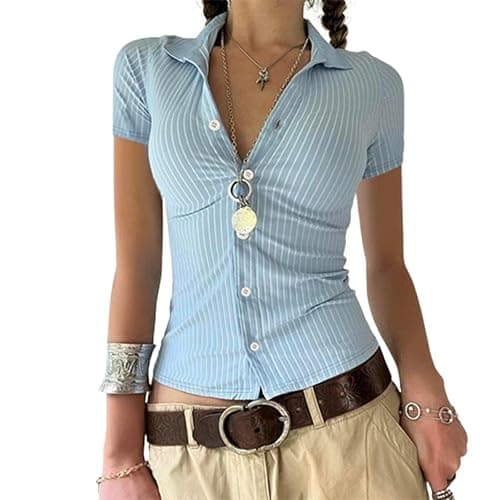 Women Y2k Button Up Shirts Cap Sleeve Lapel Collar Preppy Shirt Slim Fit Summer Coquette Tops - Blue-h - Small - Image 1