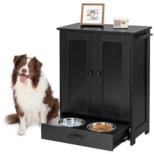 ALINE FURNITURE Dog Feeding Station with Storage Cabinet and 2 Elevated Dog Bowls, Hidden Pet Feeder Station Wood, Dog & Cat Storage Organizer, Black - Image 1