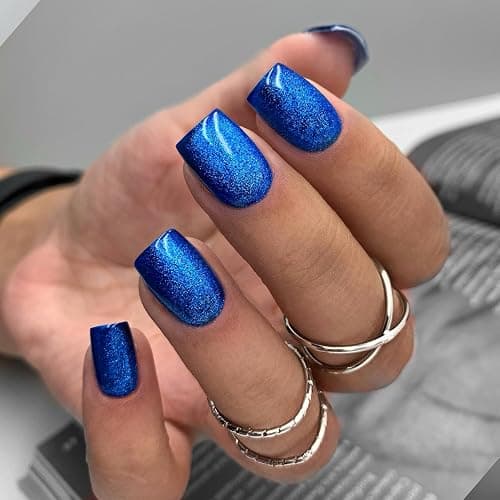 KQueenest Royal Blue Glitter Press on Nails Short Nails Glue On, Sparkle Bling Fake Nails Short, Cute Acrylic Nails Press ons, Luxury Shiny Stick on Nails For Women Festival Decoration in 24 Pcs - Image 1