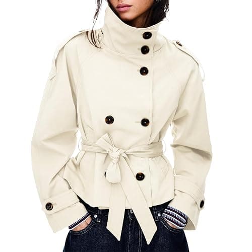 Maohao Women's Cropped Trench Coat Double Breasted Short Jacket High Collar Fall Winter Coats Trendy Outfit with Belt - Image 1