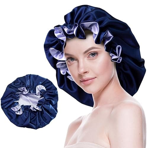 Beutyme Silk Bonnet for Sleeping Satin Bonnets Double Layer Reversible Hair Cap Bonnet for Women Long Curly Braid Hair(Navy) - Image 1