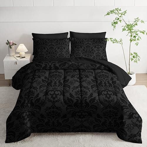Axolotl Black Grey Comforter Set Full Size,7 Piece Damask Bedding Set Boho Paisley Comforter Set Gothic Vintage Floral Bed Set Elegant Victorian Baroque Comforter with Flat Fitted Sheet 4 Pillowsham - Image 1