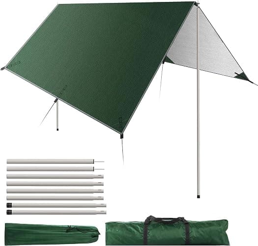 Reibeny Camping Tarp, Hammock Rain Fly Waterproof Tent Tarp 13.12x10FT, UV Protection and PU 4000mm Waterproof, Camping Tarp with Poles for Outdoor Backpacking, Survival Shelter with Poles, Green - Image 1
