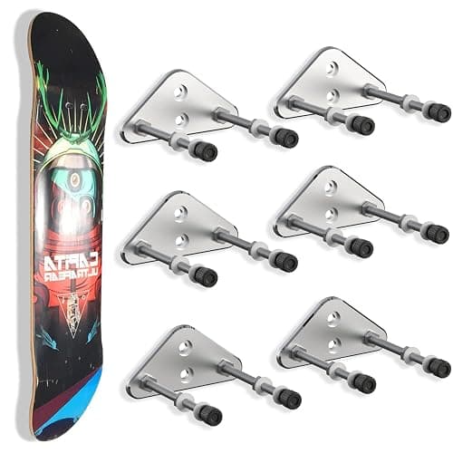 6 Packs Skateboard Wall Mount Aluminum Skateboard Hanger with Two Screw Holes for Display Skateboard Deck Storage Horizontal and Floats Vertically - Silver - Image 1