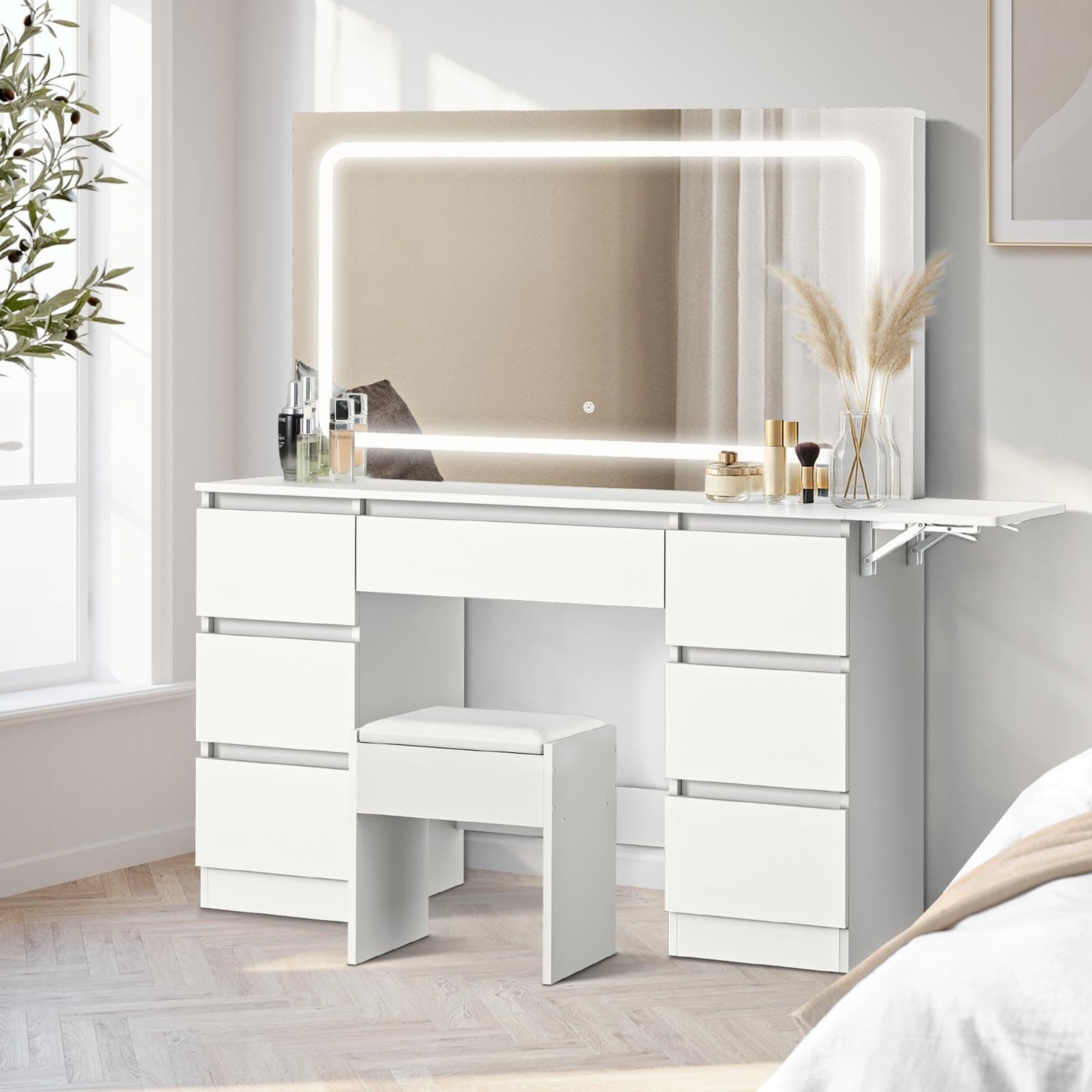 Oikiture Makeup Vanity with LED Light Mirror Dressing Table with 7 Drawers - Image 1
