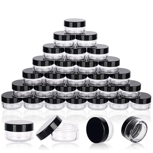 5 Gram Sample Containers with Lids, 50 Count 5ML Sample Jars, Empty Cosmetic Containers with Lids, Small Makeup Travel Containers for Glitter, Lotion, Cream, Beads, with Labels, Mini Spatulas - Image 1