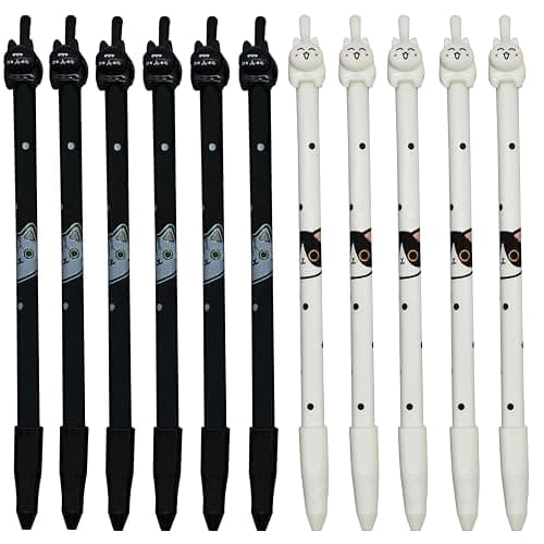Lopenle 12 Pack Cat Pens - Cute Black & White Pen kitten Gel Pen Fun Animal Novelty Writing Pens with Black Ink for School, Office, Gifts (6 Black Cats + 6 White Cats) - Image 1