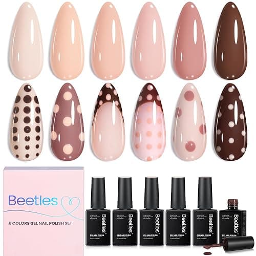 beetles Nude Gel Polish Set - Skin Tones Collection Nude Brown Neutral Polish 6 Colors Gel, Polka Dot Nails Design Soak off Uv Led Lamp Needed Manicure Diy Home - Image 1