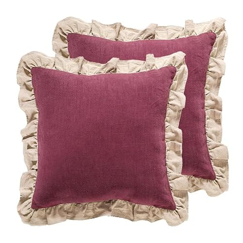patdrea Vintage Red Linen Throw Pillow Covers,Set of 2,18"x18"-Kubum | Decorative Pillow Cover for Couch Living Room Bedroom Sofa,Rustic Farmhouse Design,Solid Pillow Case with Ruffled - Image 1