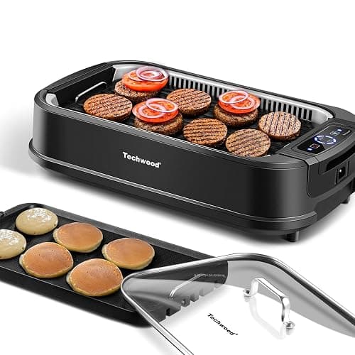 Indoor Smokeless Grill, Techwood 1500W Electric Indoor Grill with Tempered Glass Lid, Portable Non-stick BBQ Korean, Turbo Smoke Extractor Technology, Drip Tray& Double Removable Plate, Black - Image 1