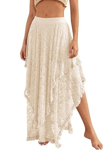 YKR Womens Lace Long Skirts Elastic Asymmetrical Layered Hem Sexy See-Through Flowy Skirts Floral Beach Maxi Skirt - Image 1
