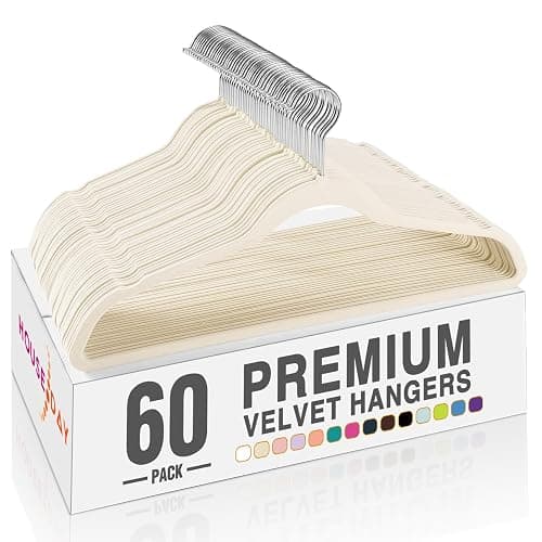 HOUSE DAY Ivory Velvet Hangers 60 Pack, Non Slip Clothes Felt Hanger Heavy Duty for Coat, Premium Slim Space Saving Suit Hangers for Closet Organizer, 360° Rotating Silver Hook - Image 1