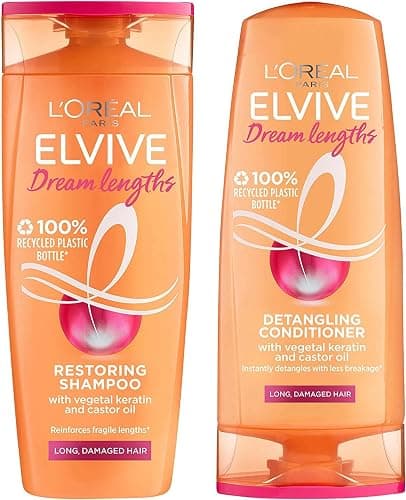 L'Oreal Paris Elvive Dream Lengths Shampoo and Conditioner Set for Long Hair, Nourishing & Strengthening Treatment to Prevent Hair Breakage, Enriched with Castor Oil - Image 1
