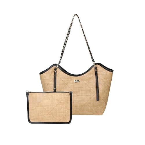 Eiyye Woven Tote Bag for Women Raffia-Style Shoulder Purse Summer Bag | Raffia-style woven look large tote matching pouch black trim - Image 1