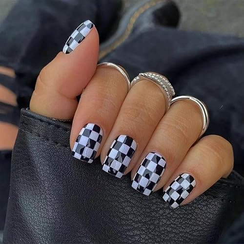 IMRAIN Press on Nails Short Square Fake Nails Black White Checkered Pattern Designs Glossy Full Cover Artificial False Nails Gel Stick on Acrylic Nails for Women 24PCS - Image 1