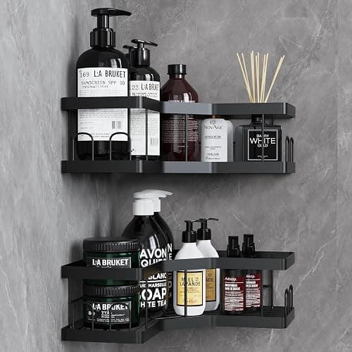 AceMining Shower Caddy, 2 Pack Black Bathroom Shelves, Adhesive Shelf Storage No Drilling, Carbon Steel Shower Organiser, Rust-Resistant Caddy Corner, Soap Holder, Bathroom Accessory - Image 1