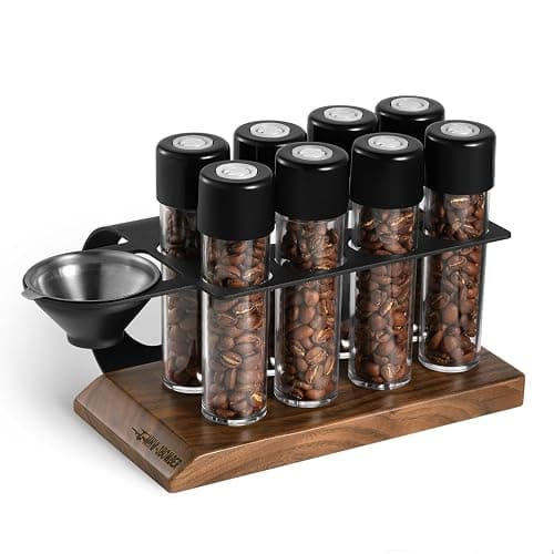 MHW-3BOMBER Single Dose Coffee Bean Storage Tubes, 8 pcs, Coffee Bean Cellars with One-Way Exhaust Valve,Espresso Dosing Vials with Walnut Stand & Hopper, C5152-OS - Image 1