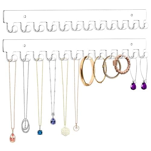 Mecnmsa 13.8 inch Acrylic Necklace Holder 2 Pack Wall Mounted Necklace Organizer Hanging Jewelry Organizer with 12 Hooks for Necklaces, Bracelets, Rings and Bangles Display - Image 1