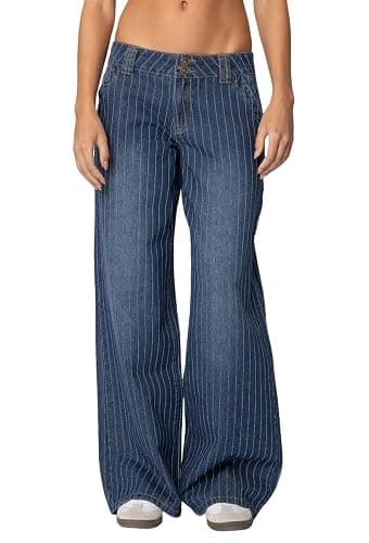 loveimgs Women Mid Rise Wide Leg Jeans Y2k Baggy Striped Jeans Boyfriend Flared Denim Pants Pocket Patchwork Trousers 2026 - Image 1