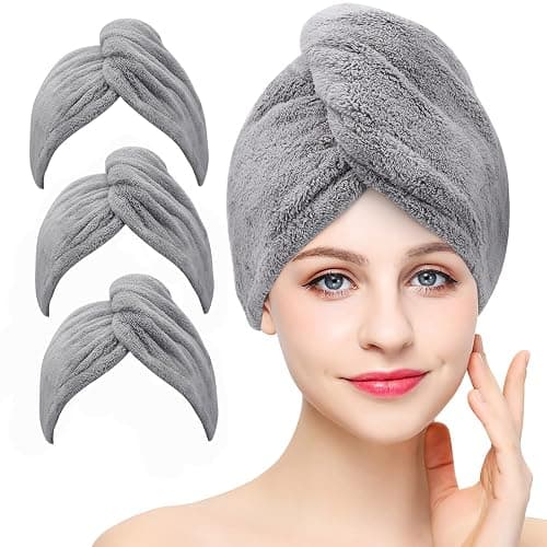 3 Pack Microfiber Hair Towel Wrap BEoffer Super Absorbent Twist Turban for Women Fast Drying Hair Caps with Buttons for Drying Curly, Long & Thick Hair Anti Frizz (Grey) - Image 1