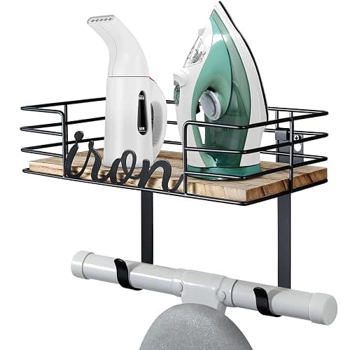 TJ.MOREE Hanger wall mount - Laundry Room Iron and ironing board Holder, Metal with Large Storage Wooden Base Basket and Removable Hooks (Black) - Image 1