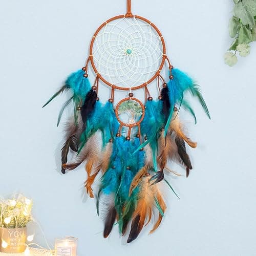 Dream Catcher Blue Tree of Life with Feathers, Handmade Indians Traditional Circular Net for Wall Hanging Decor, Bedroom Kids, Home Decoration Wedding Party Blessing Gift - Image 1
