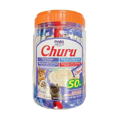 INABA Churu Cat Treats, Grain-Free, Lickable, Squeezable Creamy Purée Cat Treat/Topper with Vitamin E & Taurine, 0.5 Ounces Each Tube, 50 Tubes, Tuna & Seafood Variety - Image 1