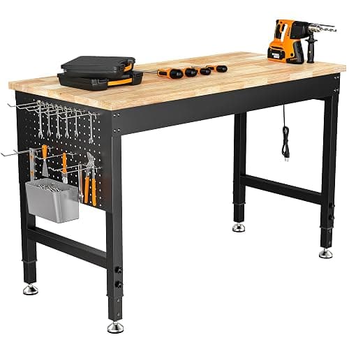 CAMMOO 48" Adjustable Heavy Duty Workbench, 2000 LBS Load Capacity Rubber Wood Work Table with Pegboard, Power Outlets, Work Bench for Garage, Workshop, Office, Home, Commercial - Image 1
