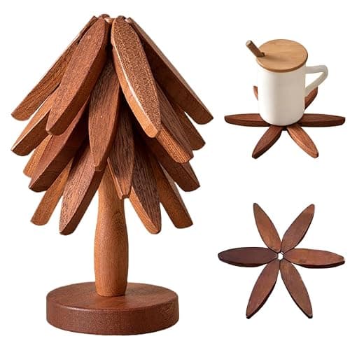 Natural Foldable Black Walnut Wooden Trivet Set - 4 Trivets + 1 Stand for Hot Dishes, Pot, Bowl, Teapot, Hot Pot Holders(Black Walnut) - Image 1