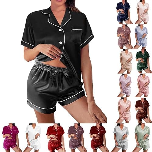 WJing Yi Jia Womens Silk Satin Pajamas Loungewear Two-Piece Sleepwear Button-Down Floral Pj Set XS-4XL - Image 1