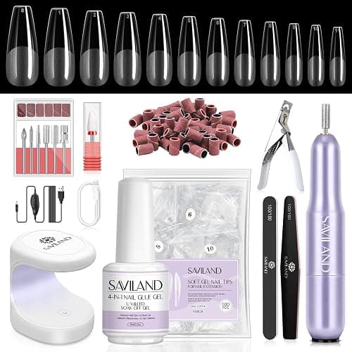SAVILAND Gels X Nail Kit: Complete Starter Gels Nail Kit with Drill, 0.5Oz Glue Gel, 500 Pcs Coffin Tips, U V Lamp, Acrylic Nail Kit, Salon DIY Art Gel Kit & Manicure Gift - B-Long Coffin - Image 1