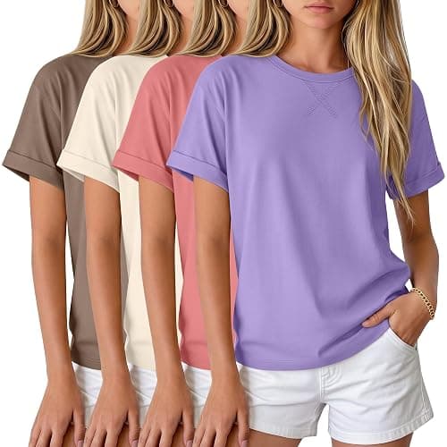 Oakgarden 4 Pack Girls' Short Sleeve T-Shirts Kids Summer Tees Loose Crew Neck Casual Dropped Shoulders Tops 5-14 Years - Image 1