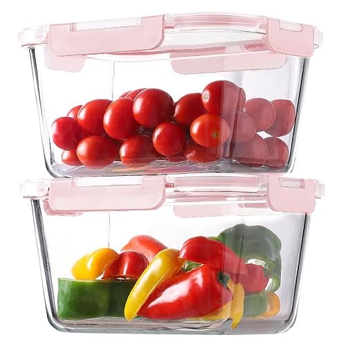 HOMBERKING 4 Pieces 63oz/8cup Large Glass Food Storage Containers with Lids, Meal Prep Containers, Airtight Bento Boxes with Leak Proof Locking (2 Containers + 2 Lids), Microwave, Oven Safe-Pink - Image 1